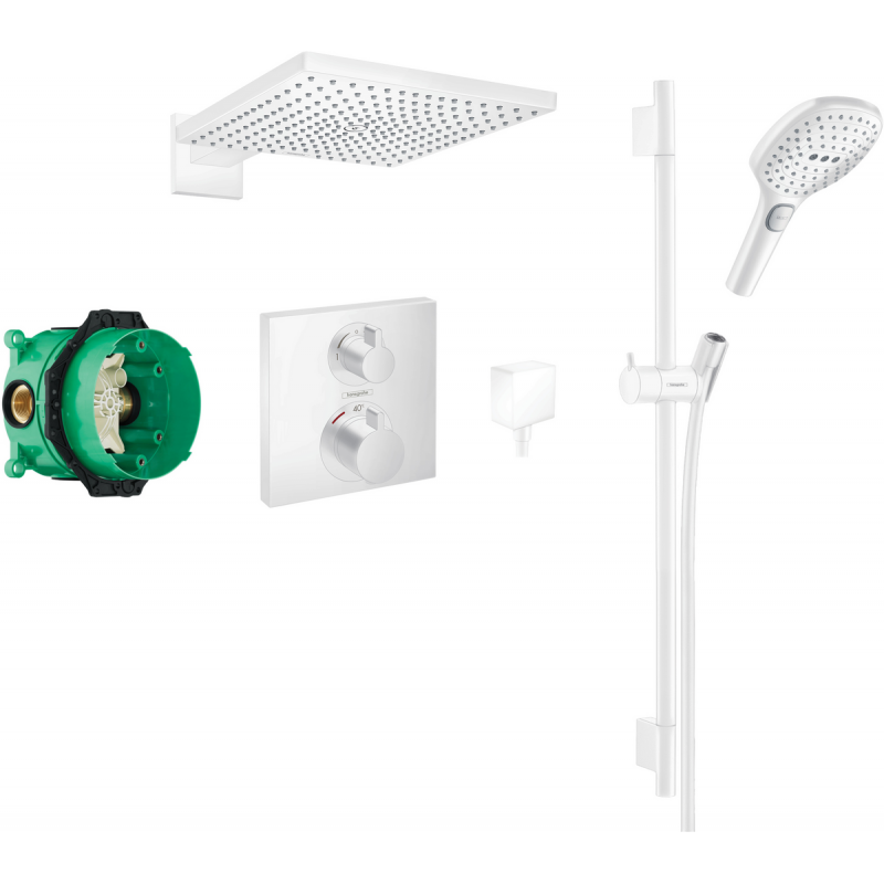 Square concealed valve with Raindance (300) overhead and Select rail kit and Select rail kit
