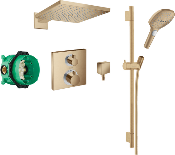 Square concealed valve with Raindance (300) overhead and Select rail kit and Select rail kit