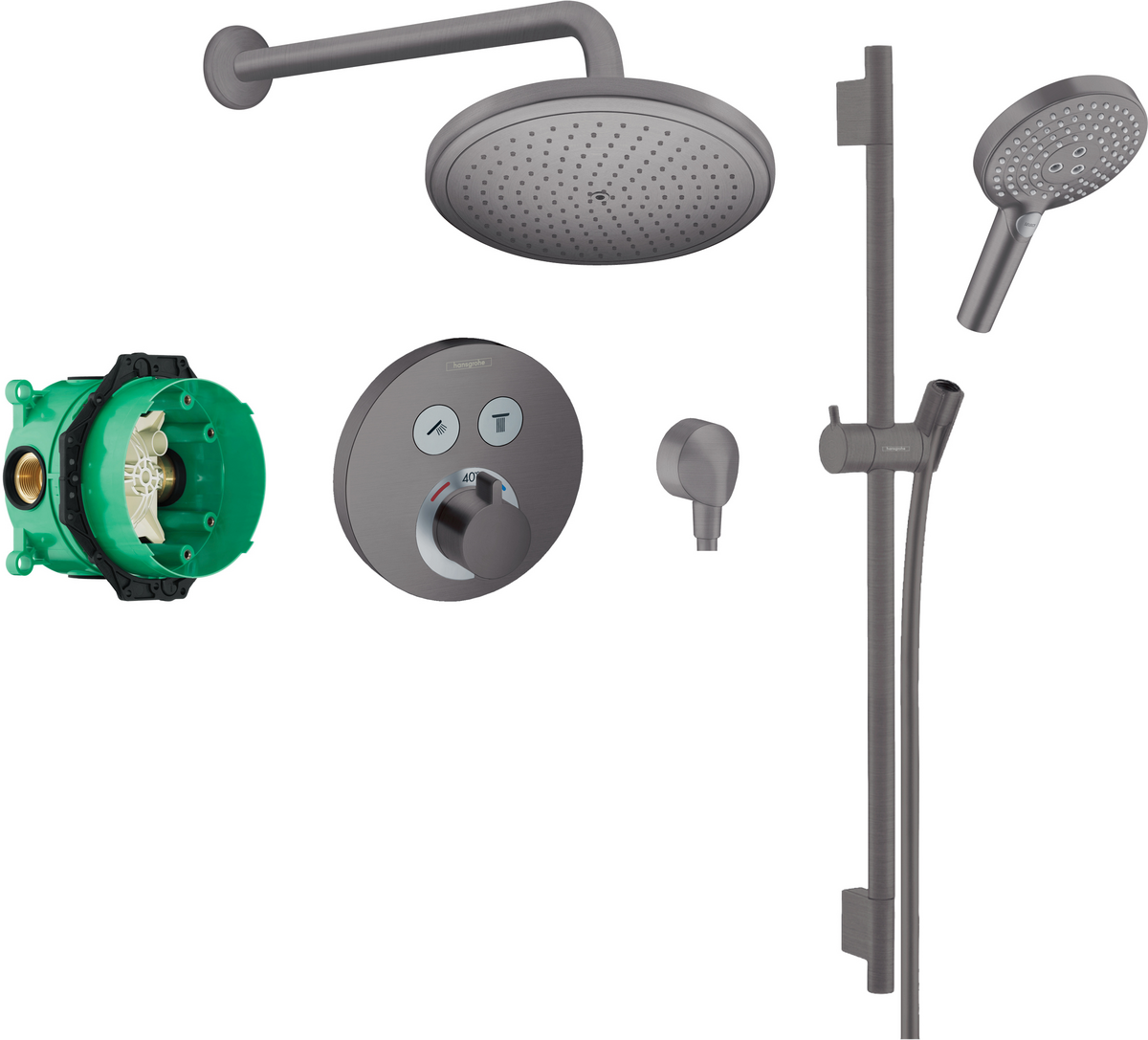 Round Select concealed valve with Croma (280) overhead and Select rail kit