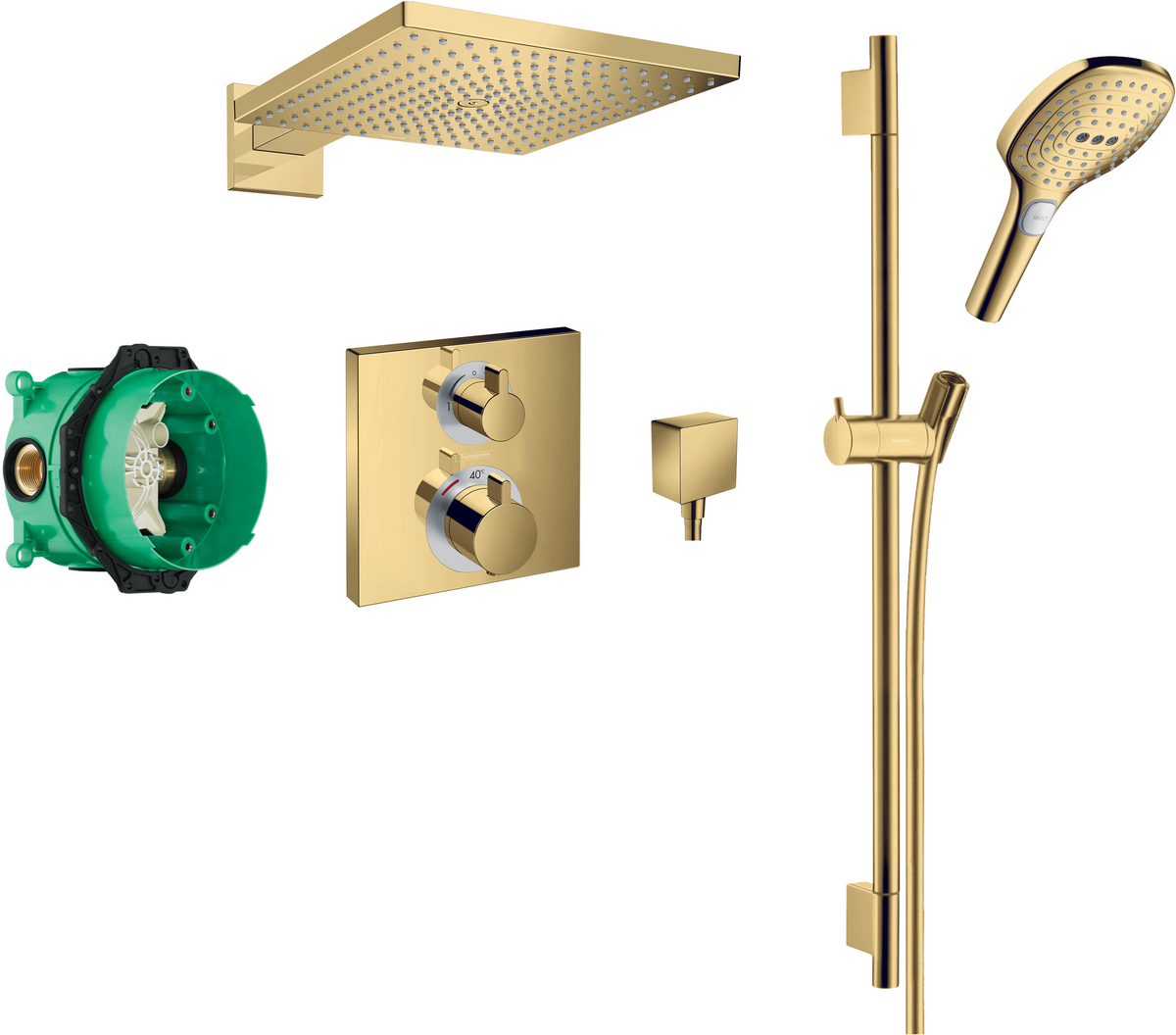 Square concealed valve with Raindance (300) overhead and Select rail kit and Select rail kit