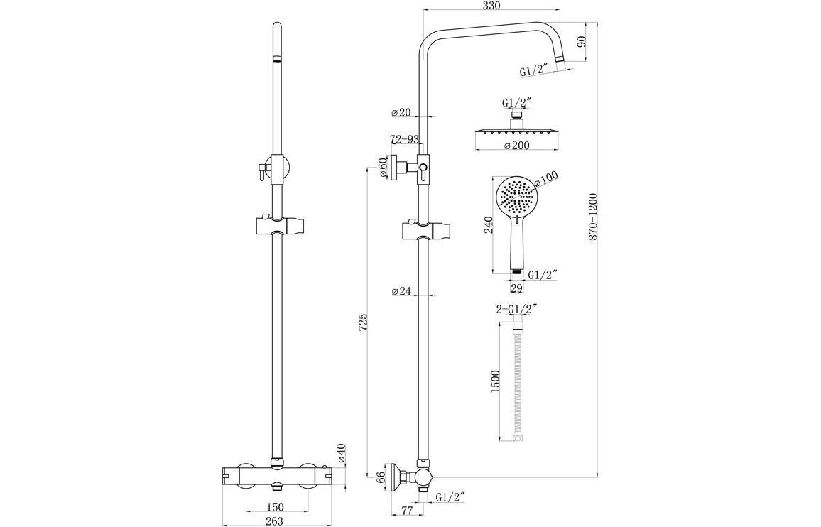 Round Thermostatic Bar Mixer w/Riser Kit - Chrome