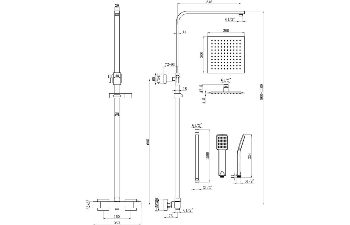 Square Thermostatic Bar Mixer w/Riser Kit - Brushed Brass